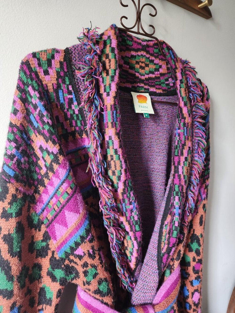 FARM Rio Ainika Tapestry Belted Fringe Cardigan Size M - Picture 6 of 9